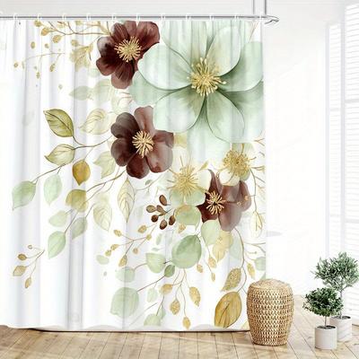 1pc Elegant Watercolor Floral Shower Curtain-with Gold Accents Intricate Petal and Leaf Design Machine Washable Polyester Fabric