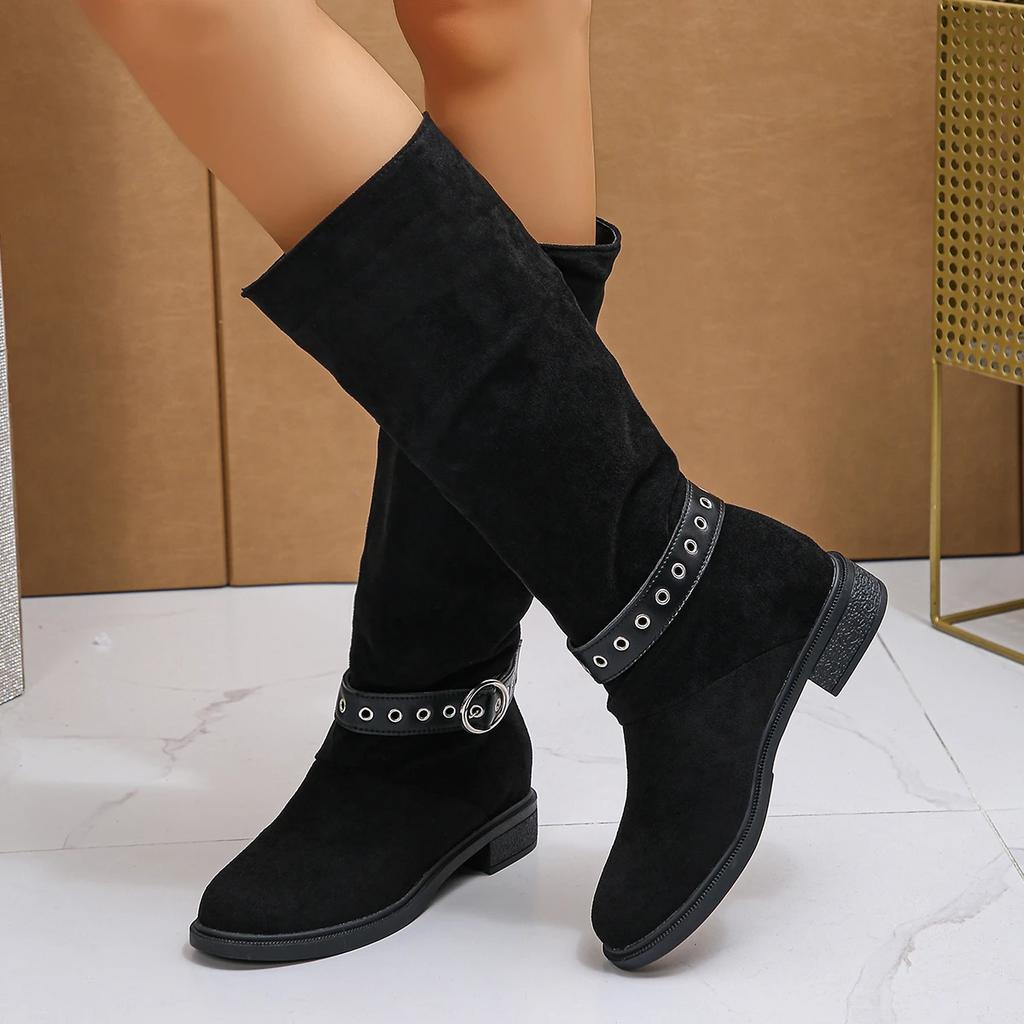 Mode Damen Wildlederstiefel Neu Winter Retro Runde Zehe Damenstiefel Bequemer Mittelhochabsatz Gürtelschnalle Damen Stiefeletten Übergröße 41 42