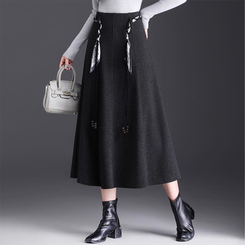 Winter 2025 High-Waisted A-Line Wool Skirt with Thick Hem - Mid-Length Slimming Casual Design