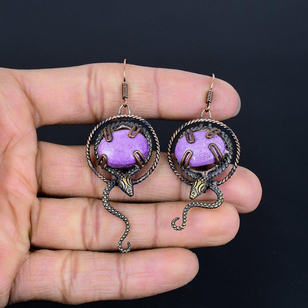 Purpurite 999 Copper Wire Wrapped Earrings, Handmade Gemstone Jewelry Earrings For Memorial Day