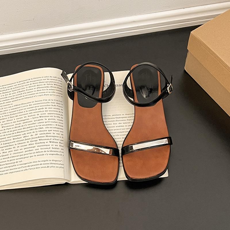 Fashion open-toed square heel with sandals women's 2025 summer new metal jewelry casual middle heel work shoes