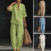 Sommer 2-teilige Loungewear-Sets für Damen V-Ausschnitt Halbarm-Oberteil und Weitbein-Hosen-Set Lässige Reise-Urlaubs-Outfits