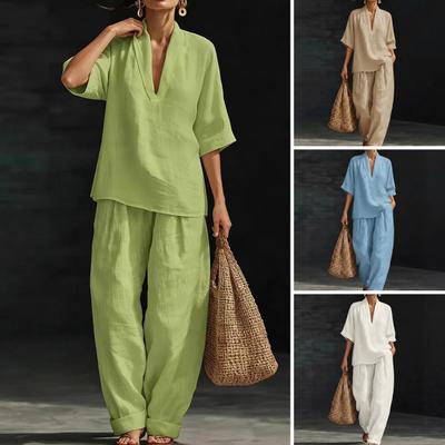 Summer 2 Piece Lounge Sets for Women V Neck Half Sleeve Top And Wide Leg Pants Set Casual Travel Vacation Outfits