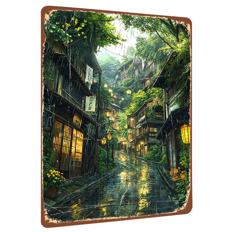 

Japanese Rainy Alley Metal Wall Art Vintage Lantern Architecture Decorative Painting for Living Room 20x30cm（7.8x11.8inch）