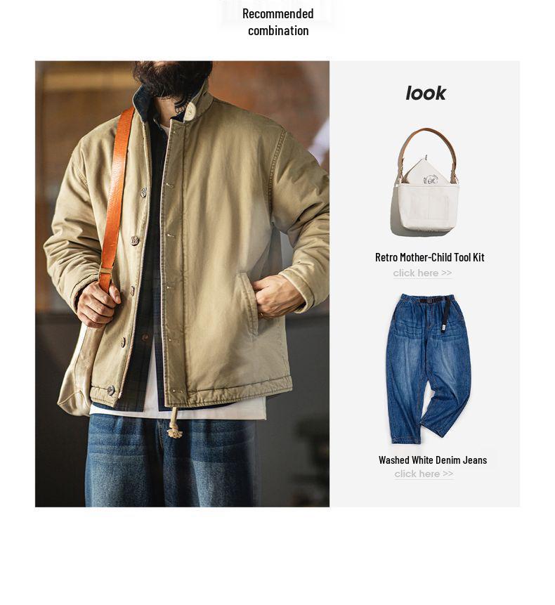 Maden Workwear Men's American Retro N1 Deck Jacket – Warm Stand Collar Cotton Jacket for Autumn and Winter