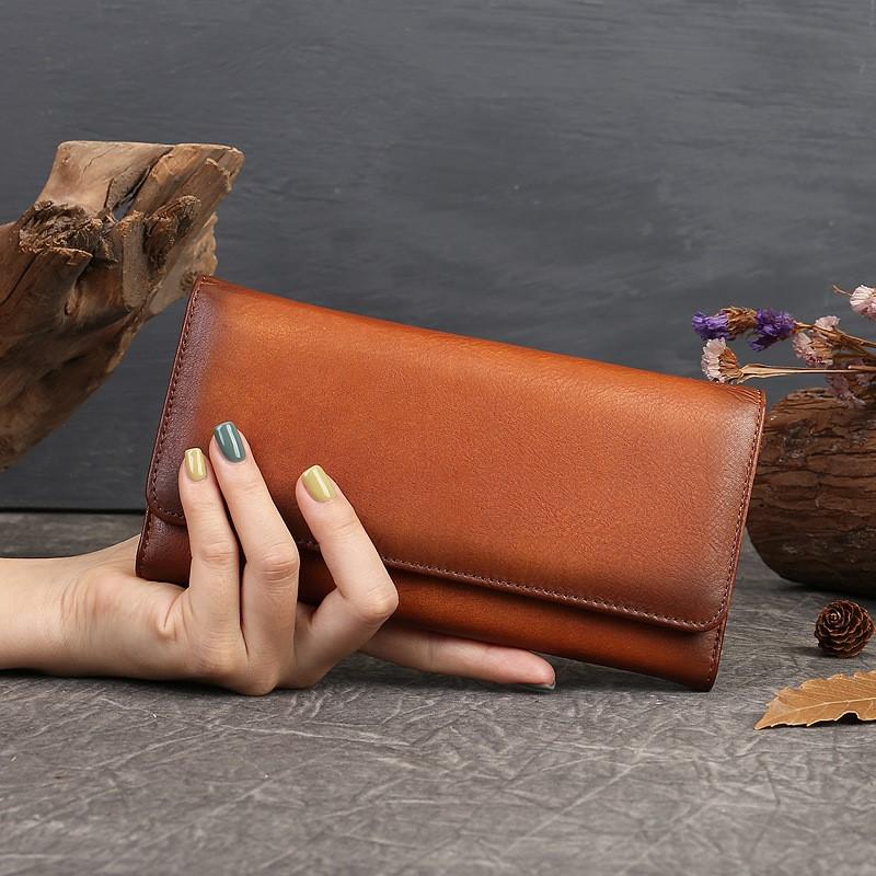 Johnature Retro Genuine Leather Women's Wallet Long Hand Bag Natural Cowhide Solid Color Phone Purse Card Holder