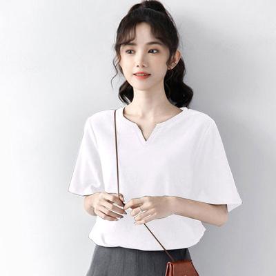 Summer Solid Color Casual Versatile Short Sleeve Women's Loose Style V-Neck T-shirt Commuter Top Fashion Women's Wear