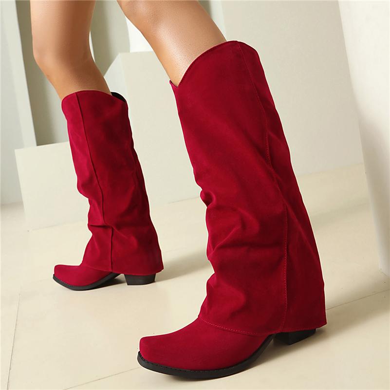 Women Knee High Cowboy Long Boots Pointed Toe Block High Heels Western Cowgirl Boots Ladies Fashion Shoes Autumn Winter 43