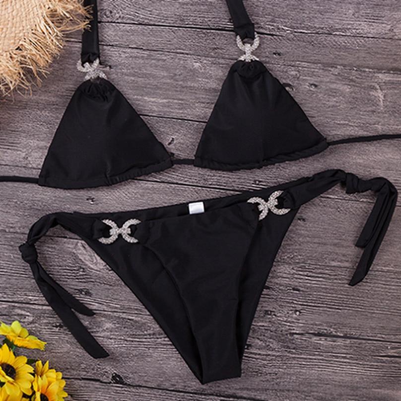 Kadın Moda Yaz Plaj Seksi Bikini Halter Dantel Up Bayanlar Düz Renk Mayo Ayrı Mayo Seti