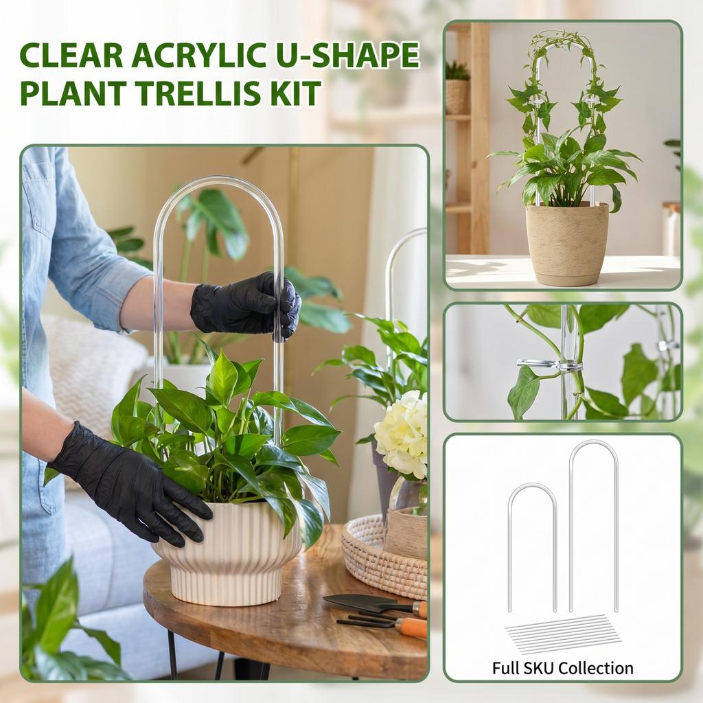 2pc Acrylic Plant Support U-Shaped Climbing Frame with Ties for Potted Plants Indoor Outdoor Garden Plant Climbing Aid