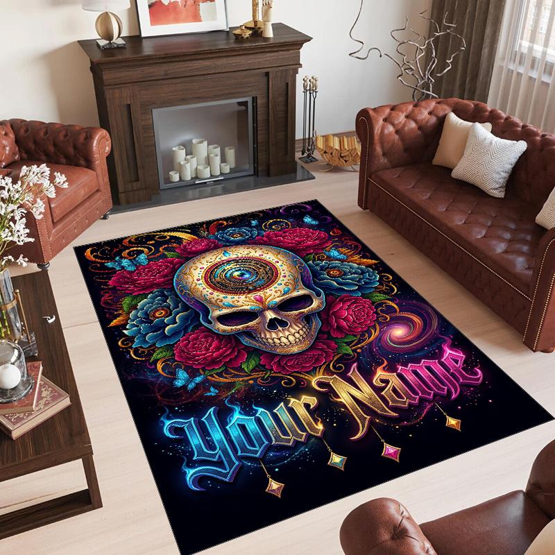Day of the Dead Theme Crystal Velvet Rug Personalized Custom Name Text Soft Floor Mat Home Decor