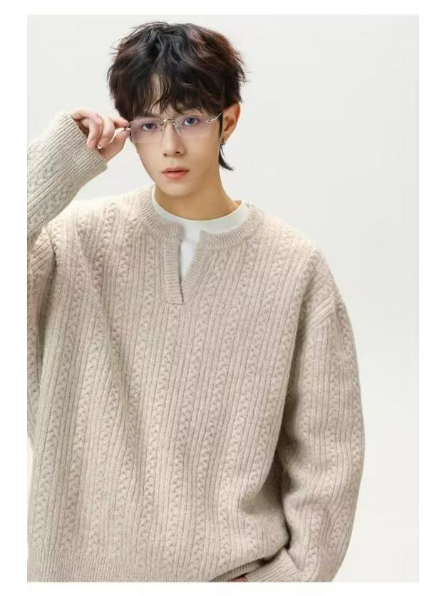 Men’s Retro V-Neck Cable Knit Sweater - Loose Fit, Solid Color, Autumn/Winter Pullover