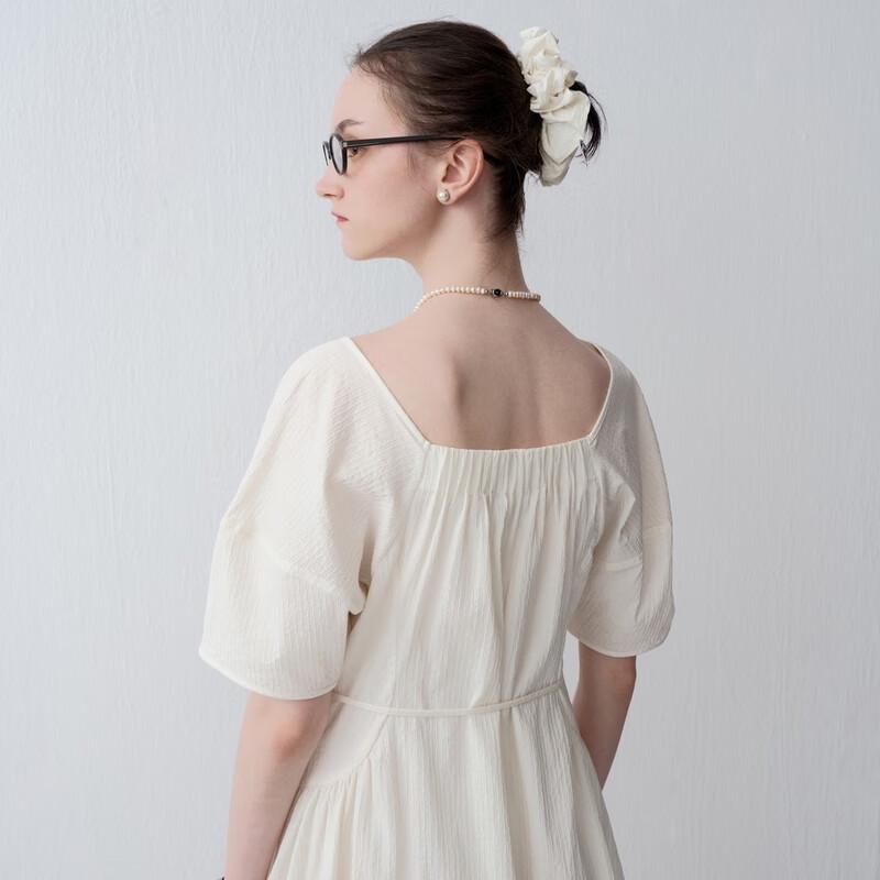 Teenie Weenie Women's Textured White Square Neck Puff Sleeve Dress