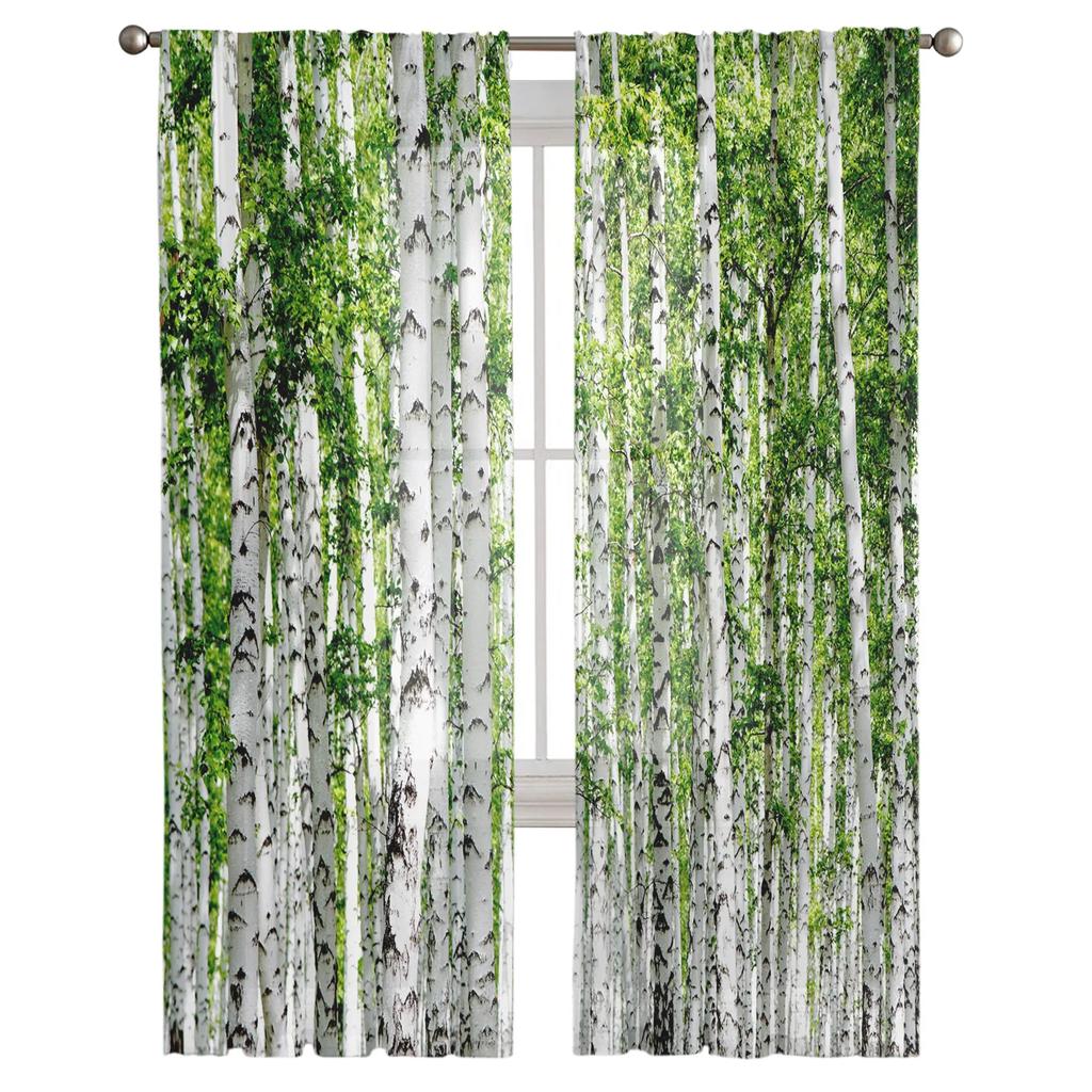 Plant Birch Tree Green Forest Chiffon Curtains Living Room Bedroom Home Decoration Window Voiles Tulle Curtain Sheer Made Of Polyester Sitting Decor