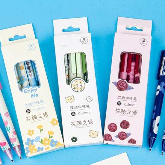 4 bucăți/set 0,5 mm stilou gel presat uscare rapidă cerneală neagră cu vârf fin Articole de papetărie cu tema florilor pix de scris articole de birou