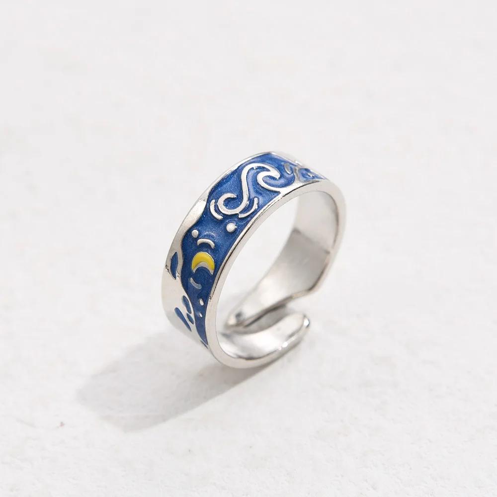 Couple Van Gogh Night Open Rings for Women Men Simple Design Silver Color Lovers Blue Starry Sky Ring Party Jewelry Gifts