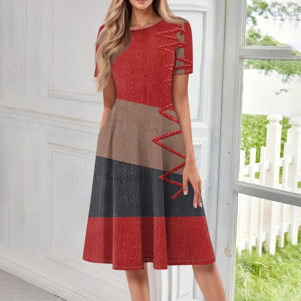 Abito lungo casual stampato da donna con scollo rotondo