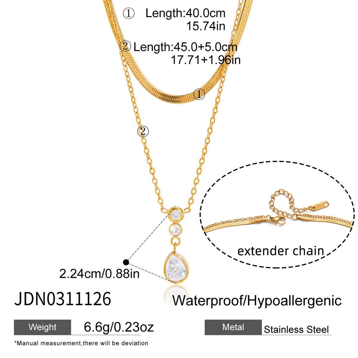 Wanxing European American Electroplated Stainless Steel 18K Water Drop Zircon Pendant O-chain Double-layer Necklace Fashion