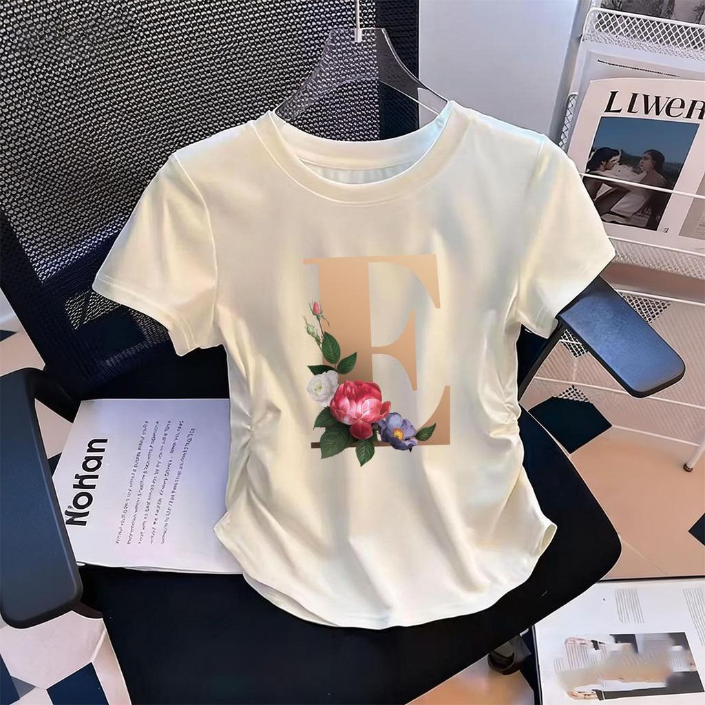 Womens WaistDefining Elastic T Shirt Floral Letters E printed Short Sleeve Round Neck top tee Casual Cute tshirts