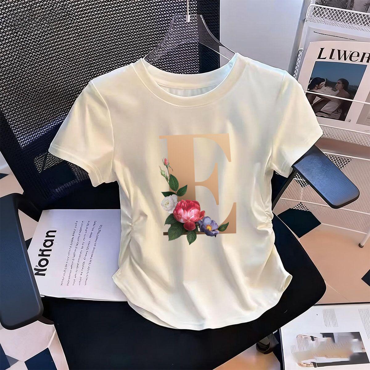 

Womens WaistDefining Elastic T Shirt Floral Letters E printed Short Sleeve Round Neck top tee Casual Cute tshirts S
