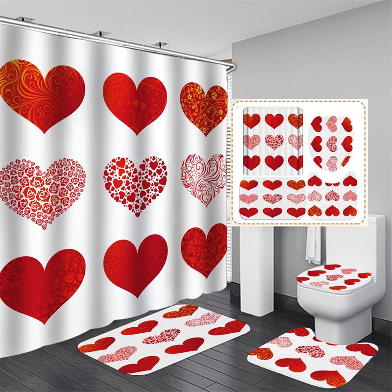 Valentine's Day Bathroom Bathing Waterproof Shower Curtain Home Entrance Doormat Bathtub 4Pcs Set Toilet Seat Cover Rugs Bath Non-Slip Floor Mat Love