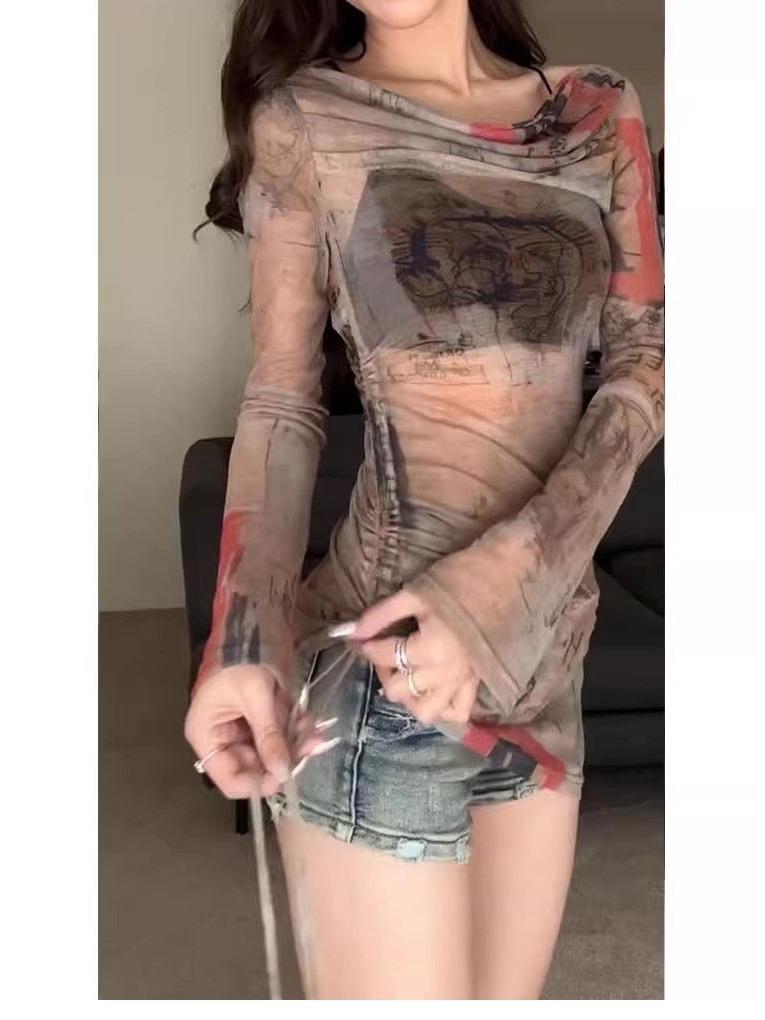 Amerikanische Retro Ein-Schulter Mesh Bluse - Langärmeliges Frühlingsdesign