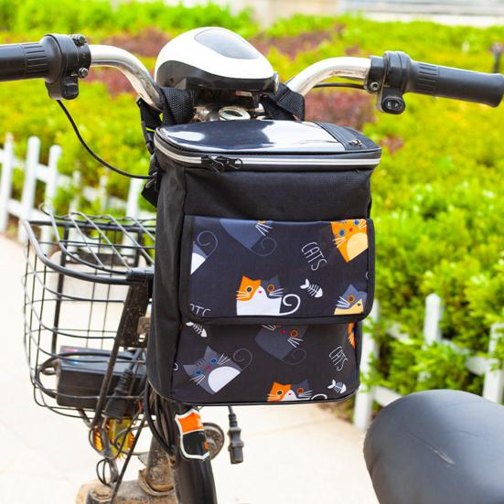 Bike Handlebar Bag Waterproof Large Capacity Cartoon Pattern Zipper Closure Double Layer Bike Front Bag Electric Bicycle Handlebar Frame Bag