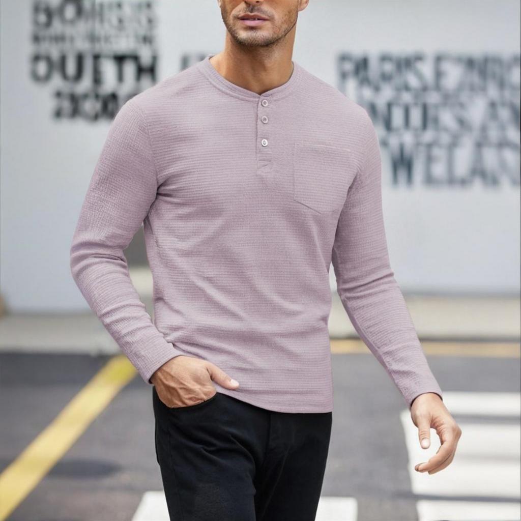 Men's Casual Sports Long-sleeved Shirt, Men's Round-neck Button-up Top