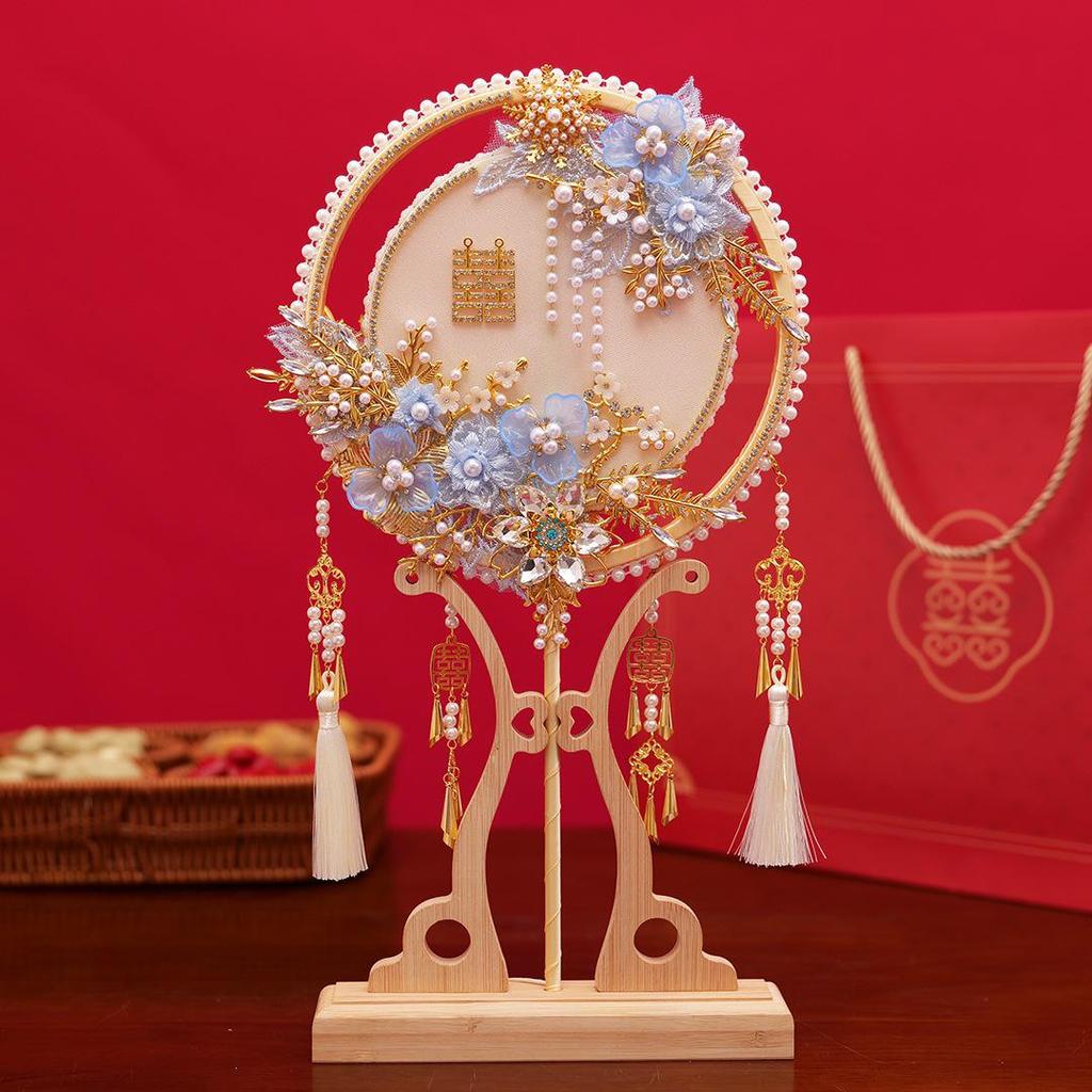 Joyful Bride's Handmade Xiuhe Wedding Fan with Veil - Double-Sided Round Fan Gift