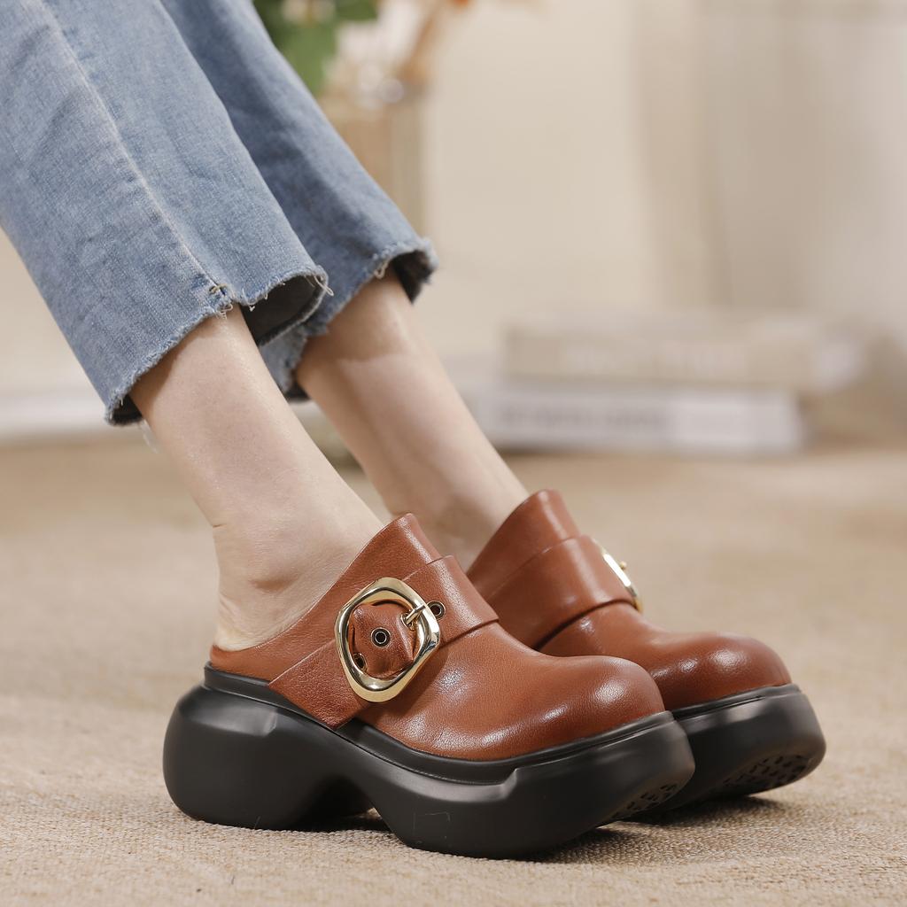 Johnature Genuine Leather Round Toe Thick Soled Shoes Retro Belt Buckle Outdoor Platform Slippers
