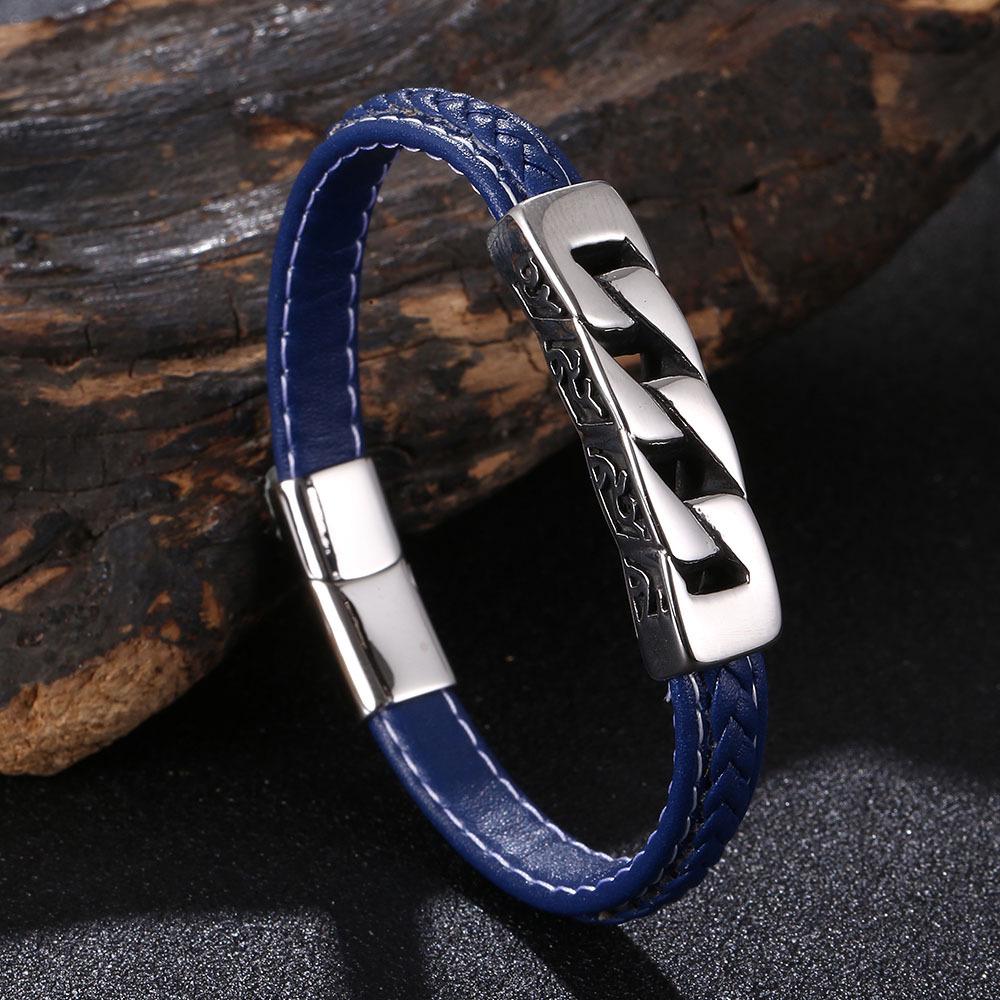 Stainless Steel Men s Woven Bracelet with Retro Magnetic Buckle and Leather Detail 195mm Inner Circumference