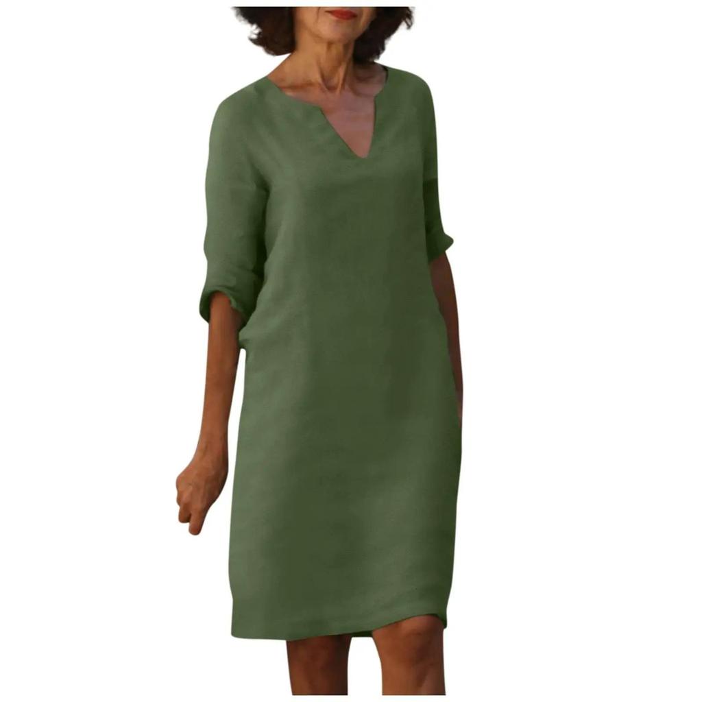 Cotton Linen V-neck Spliced Vintage Color Seven-eighths Sleeve Dress Cotton Linen Wash Creased Fabric