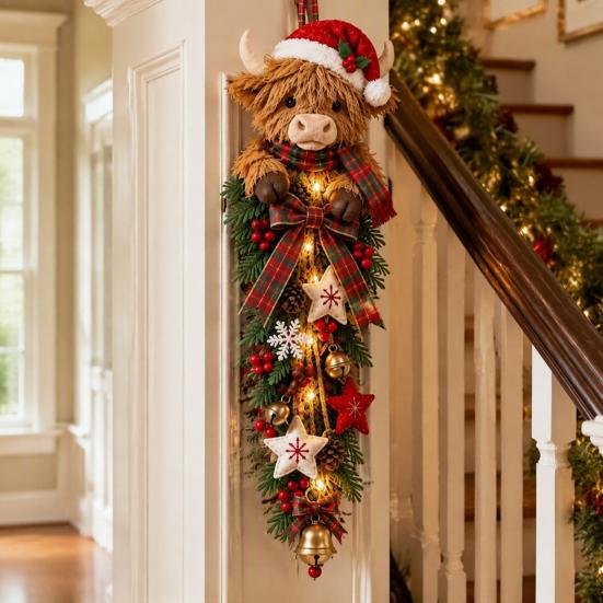 Rustikales saisonales Eingangsbereich-Dekor, beleuchteter Hochlandkuh-Weihnachts-Türschmuck, LED-Hänger mit Karoband, Bauernhaus-Stil Akzente und Beeren,