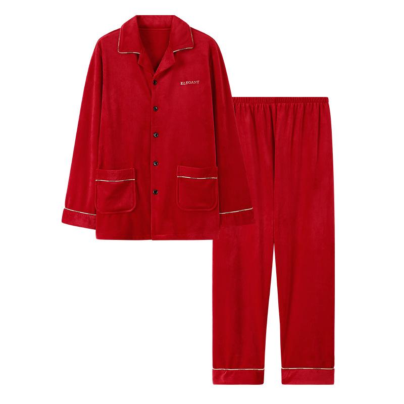 Herbst- und Winterinsel Samt Groß Rot Paar Pyjamas Damen Warm und Samt Hochzeit Festlich Loungewear Herren Anzug