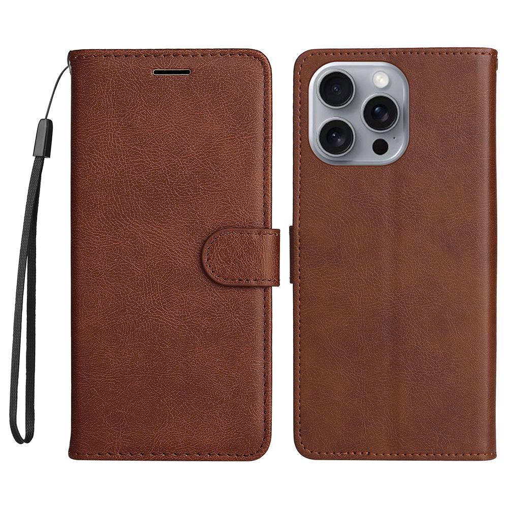 For iPhone 16 Pro Max Case Solid Color Leather Mobile Cover Wallet Stand with Strap