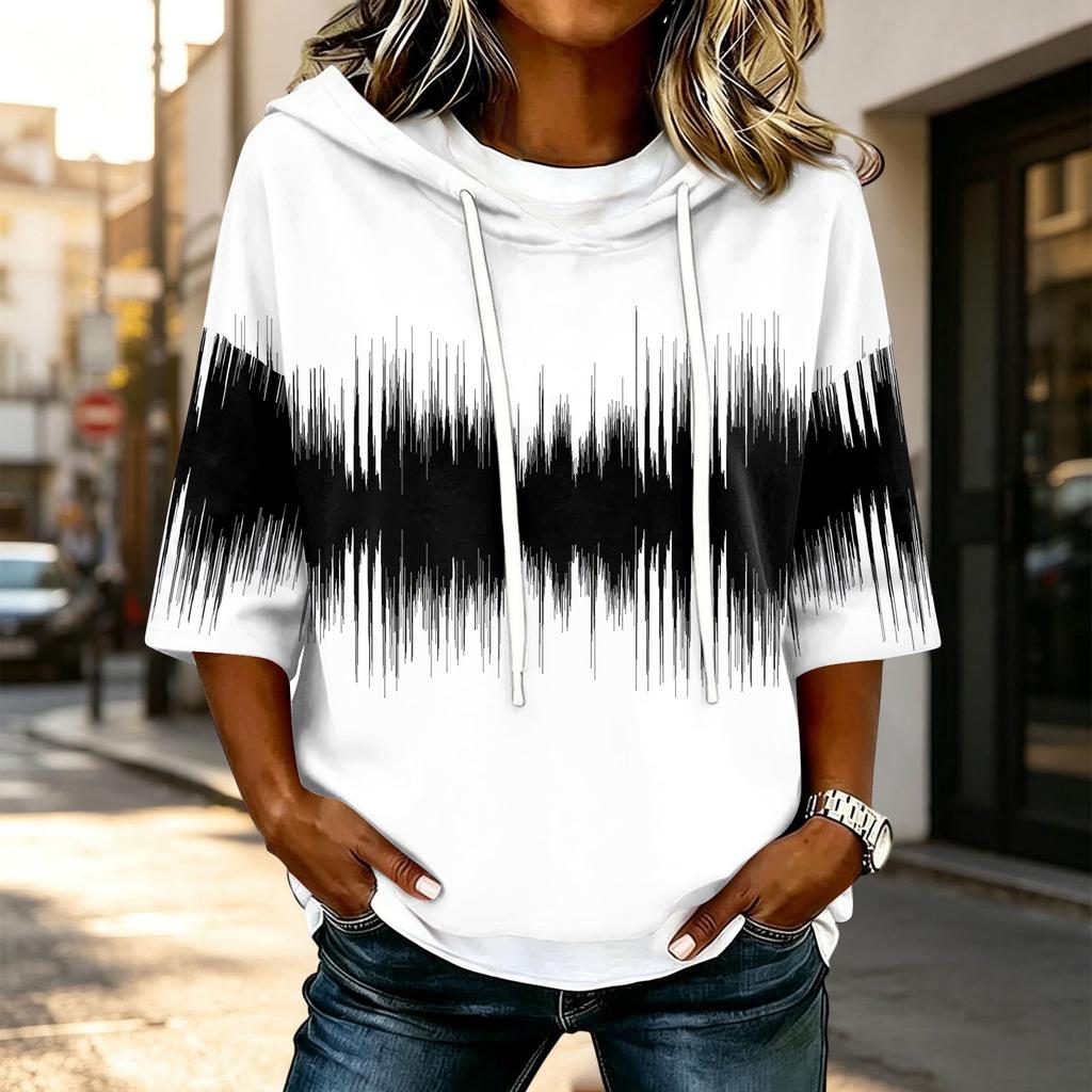 Women's Casual 3/4 Sleeve Geometric Print Hooded T-Shirt Top for Everyday Wear