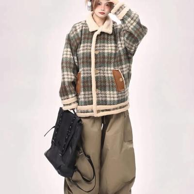 Retro Lamb Wool Jacket Winter Design New Short Style Printed Loose Lamb Wool Wool for Women