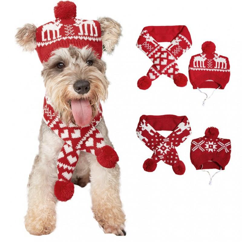 Knitted Pet Scarf Hat Set Cats Dogs Christmas Winter Accessory Adjustable Collar Bib
