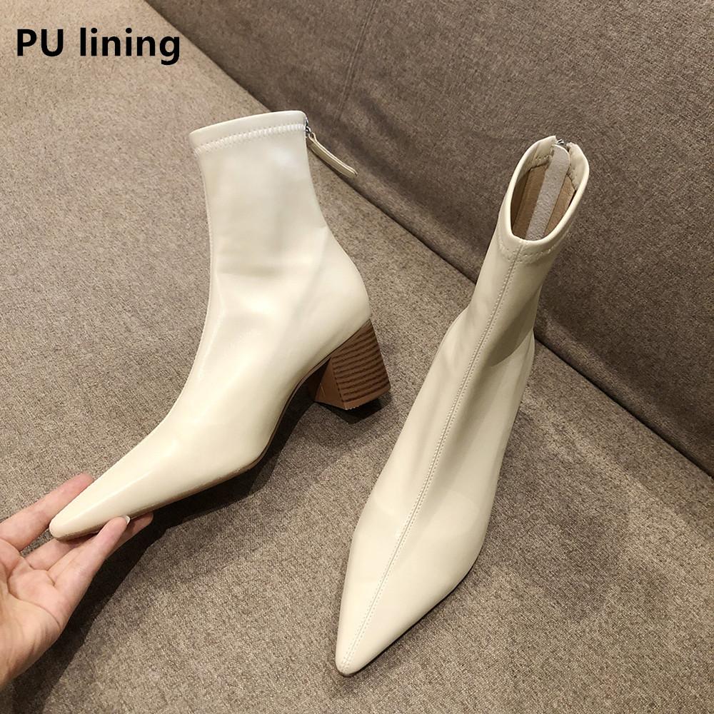 Autumn Winter Fashion Women Pointed Toe Yarn Elastic Ankle Boots Kid Suede Thick Heel Shoes Female Socks Boots Bota Femini