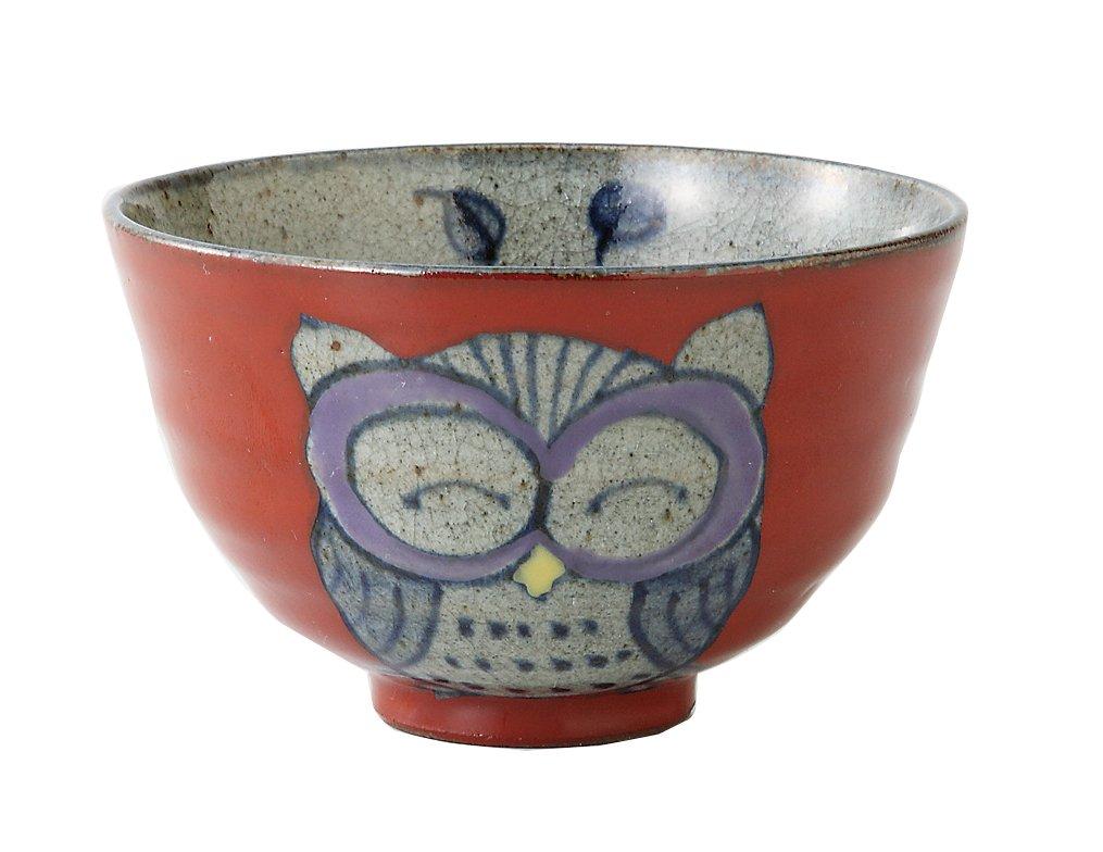 

Hasami ware rice bowl with owl 83971 (small) hand-painted pattern, red, красный