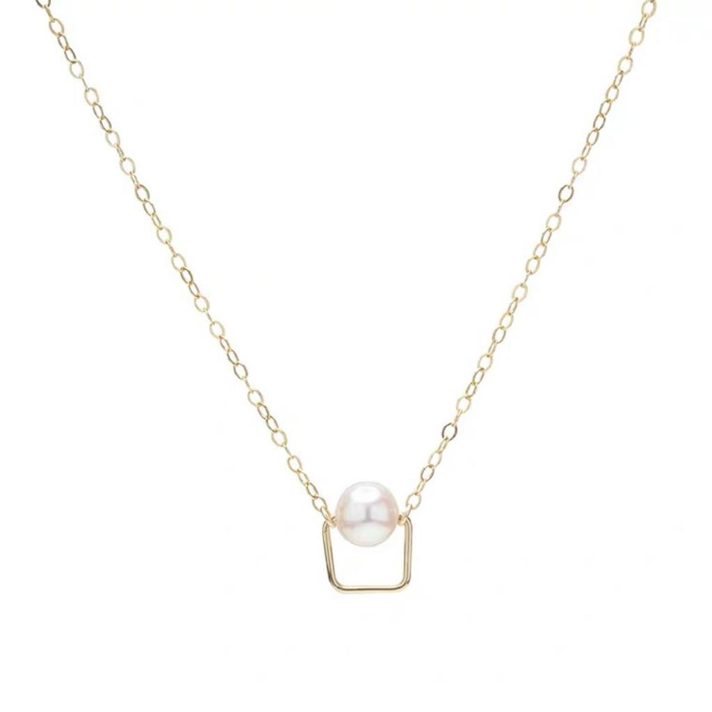 Square and Round Simple Women's Neck Chain Temperament 14K Gold-wrapped Natural Round Bead Pearl Necklace Collarbone Chain Trend