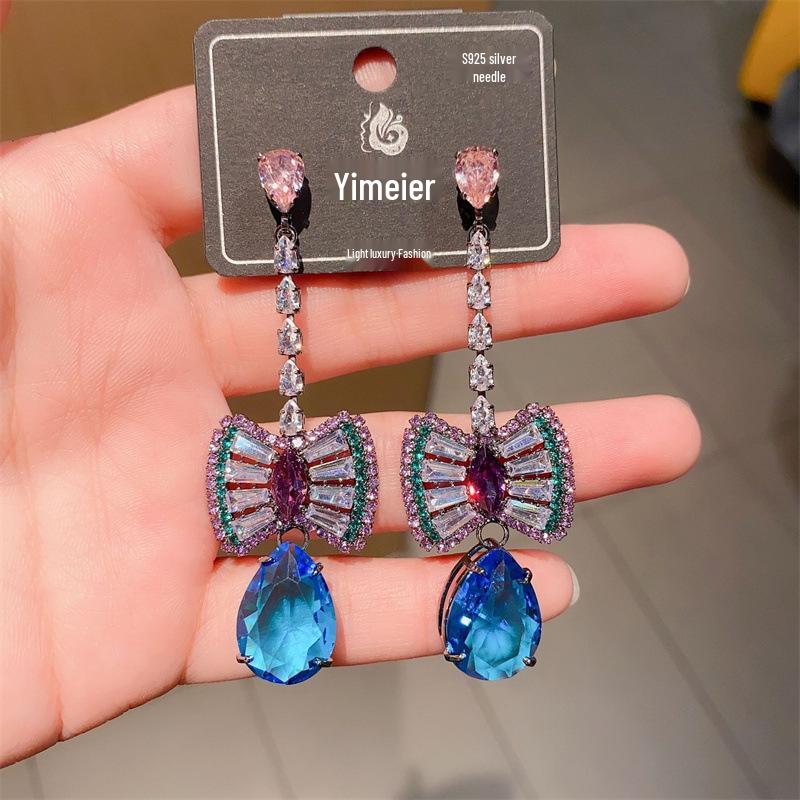 S925 Silver Needle Rhinestone Tassel Earrings - Exquisite Long Claw Chain with Colored Diamonds, European & American Style
