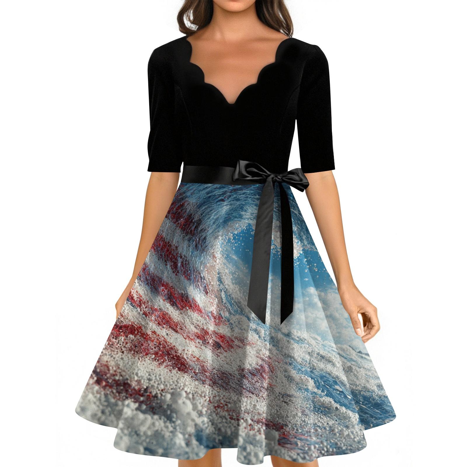 

Women s Casual Fashion V-neck Retro Short-sleeved Dress With Flag Independence Day Print XL синій