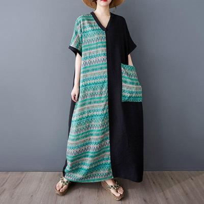 Short Sleeve Plus Size Cotton Vintage Patchwork New In Dresses for Women Casual Loose Maxi Long Summer Dress