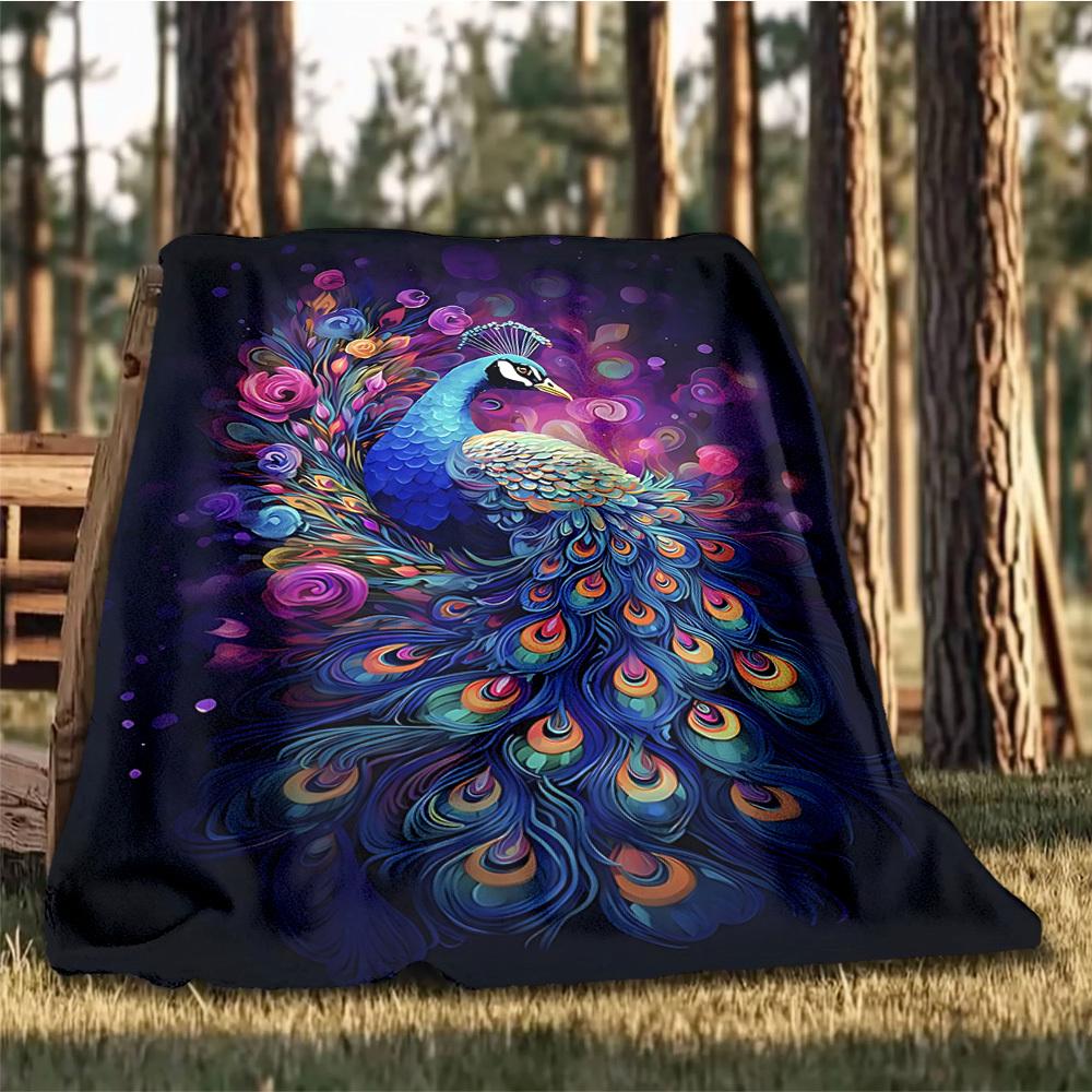 1pc Peacock Feather Print Outdoor Blanket, Lightweight Polyester,