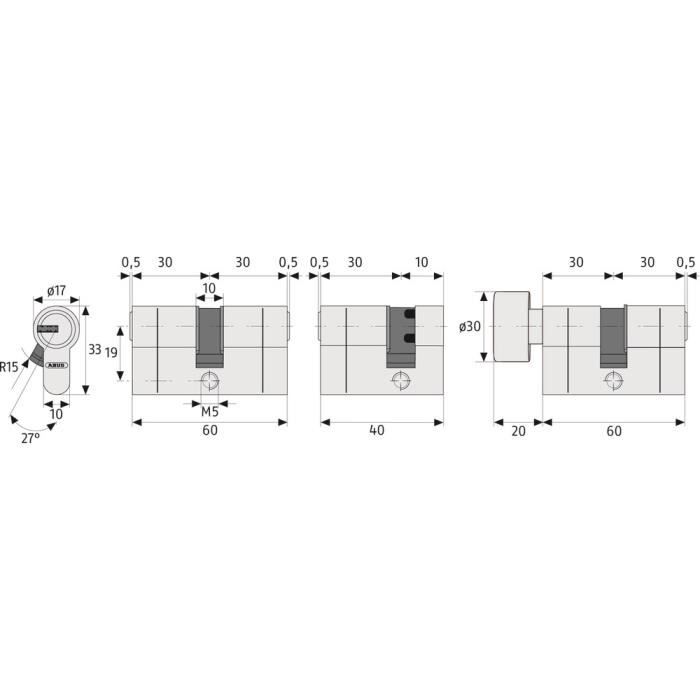 CYLINDRE DE PORTE DEBRAYABLE 40X40 + 5 CLES
