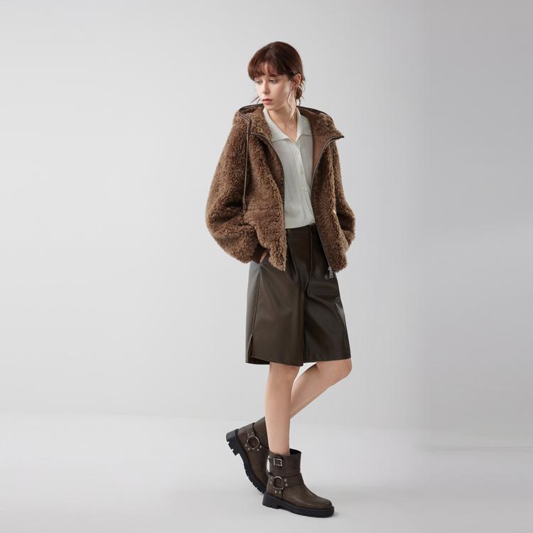 ELLE French Vintage Casual Loose Versatile Hooded Zipper Long Sleeve Faux Lamb Wool Coat Women Outerwear EF52661