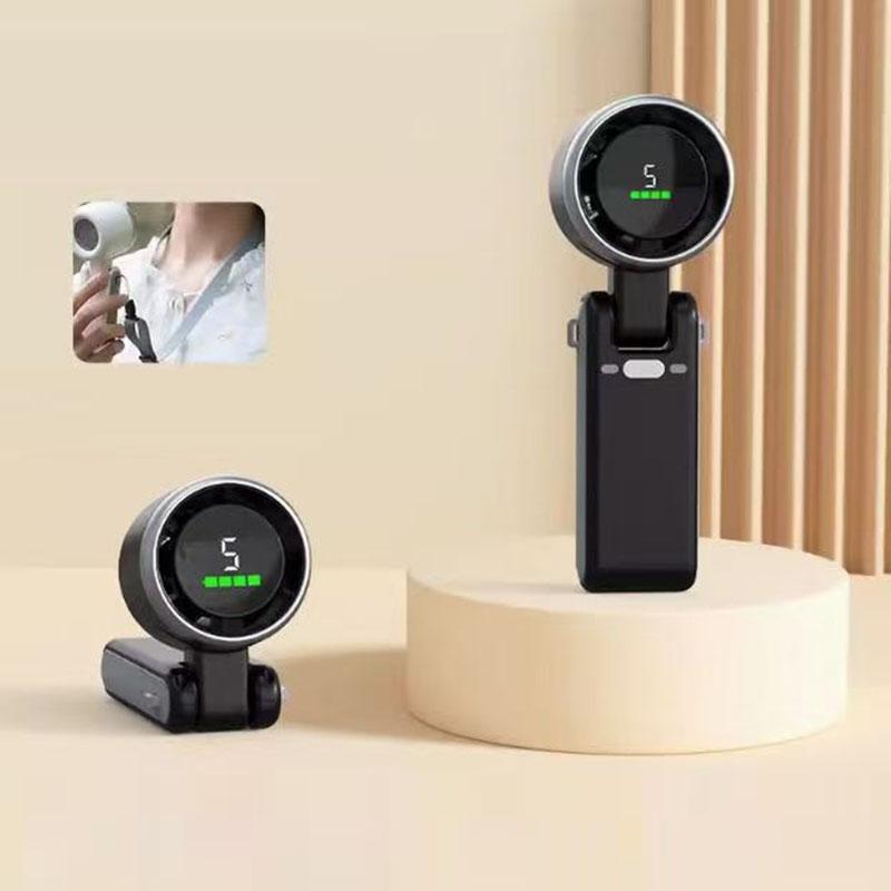 New Handheld Mini Fan Portable Neck Hanging Small Fan USB Rechargeable Fan LED Digital Display 180 Adjustable Desktop Mini Fan