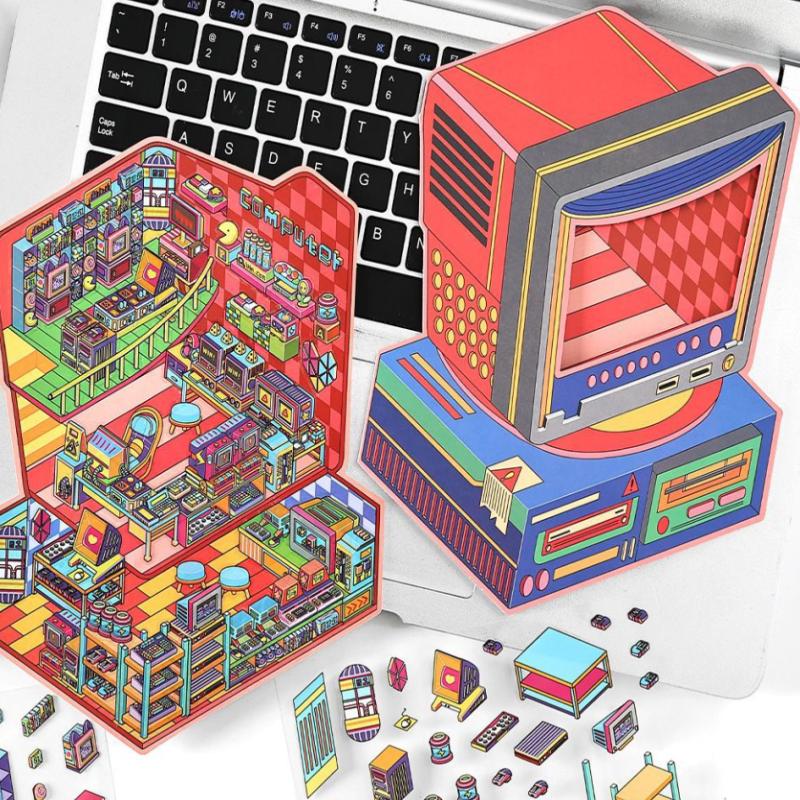 Plus Size Retro Esports Room Flip Cover Landscape Sticker Diy 3D Dopamine Color Cabin Miniature Scene Sticker Gift For Kid Child