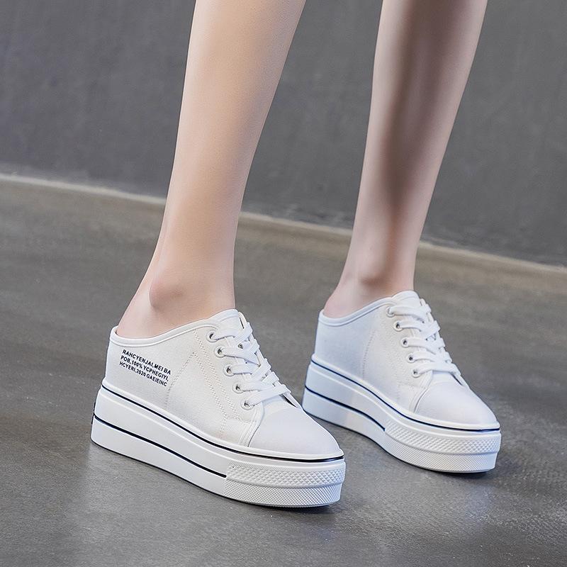Fashion 8CM Canvas Shoes Women Chunky Sneakers Comfortable Hidden Heels Hollow Platform Wedge Breathable Slippers Summer Shoes